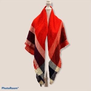 D&Y‎ Red Navy Plaid Square Blanket Scarf Oversized Wrap Frayed Edge NWT